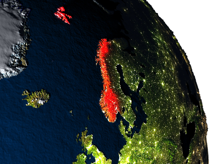 Norway highlighted in red on model of planet Earth with very detailed land surface and visible city lights. 3D illustration.の写真素材