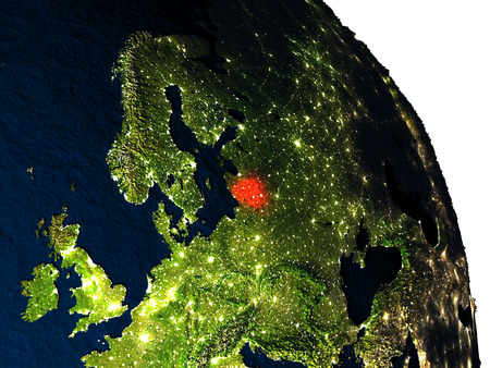 Lithuania highlighted in red on model of planet Earth with very detailed land surface and visible city lights. 3D illustration.の写真素材