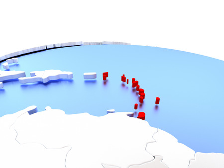 Caribbean in red color on simple elegant political globe. 3D illustrationの写真素材