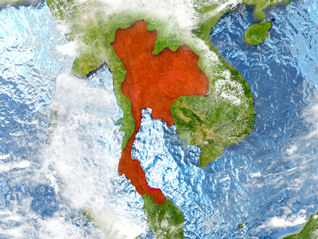 Thailand in red on map with detailed landmass texture, realistic watery oceans and clouds above the surface. 3D illustration.の写真素材