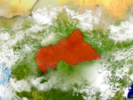 Central Africa in red on map with detailed landmass texture, realistic watery oceans and clouds above the surface. 3D illustration.の写真素材