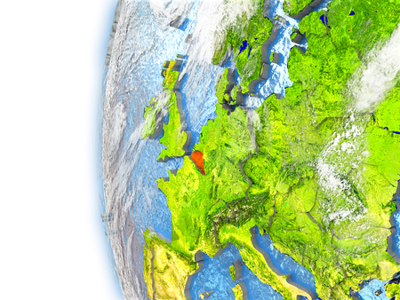 Belgium highlighted in red on planet Earth with visible waves in the oceans and clouds in the atmosphere. 3D illustration with detailed planet surface.の写真素材