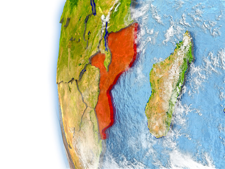 Mozambique highlighted in red on planet Earth with visible waves in the oceans and clouds in the atmosphere. 3D illustration with detailed planet surface.の写真素材