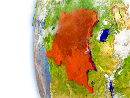 Democratic Republic of Congo highlighted in red on planet Earth with visible waves in the oceans and clouds in the atmosphere. 3D illustration with detailed planet surface.の写真素材