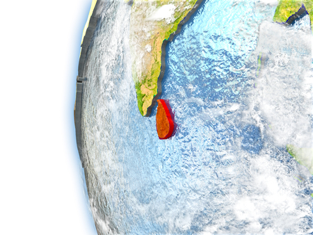 Sri Lanka highlighted in red on planet Earth with visible waves in the oceans and clouds in the atmosphere. 3D illustration with detailed planet surface.の写真素材