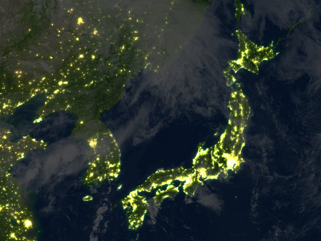 Japan and Koreas at night. 3D illustration with detailed planet surface and visible city lights.の写真素材