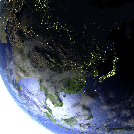 East Asia on model of Earth. 3D illustration with realistic planet surface and visible city lights.の写真素材