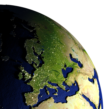 Europe on model of Earth with dark blue oceans and embossed landmasses. 3D illustration at night.の写真素材