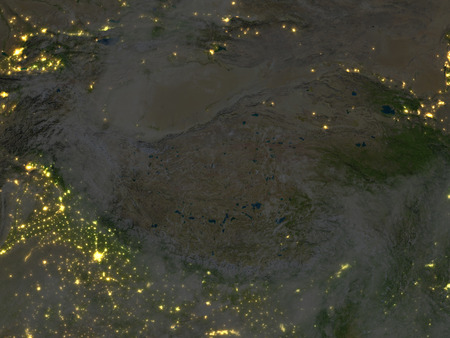 Himalayas at night. 3D illustration with detailed planet surface and visible city lights.の写真素材