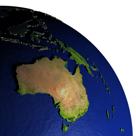 Australia on model of Earth with dark blue oceans and embossed landmasses. 3D illustration at night.の写真素材