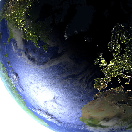 Europe and North America on model of Earth. 3D illustration with realistic planet surface and visible city lights.の写真素材