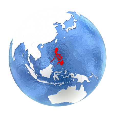 Map of Philippines on elegant metallic globe with watery oceans. 3D illustration isolated on white background.の写真素材