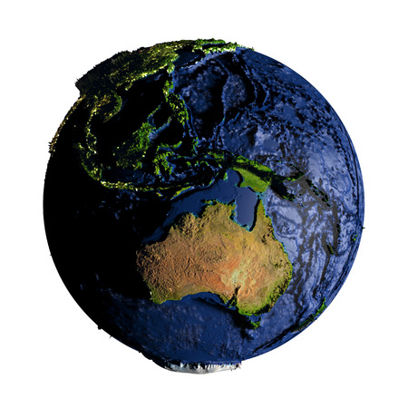Australia on planet Earth with exaggerated surface features including ocean floor. 3D illustration isolated on white background.の写真素材