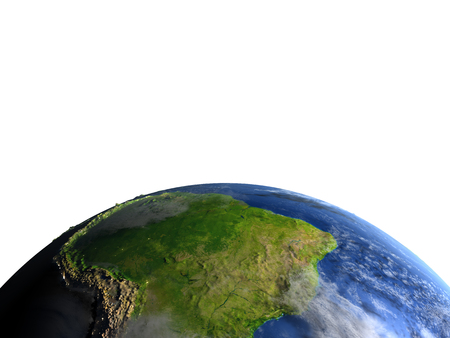 South America. 3D illustration with detailed planet surface and visible city lights. Lot of space left blank for your copy.の写真素材