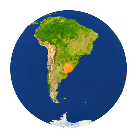 Country of Uruguay highlighted on globe. 3D illustration with detailed planet surface isolated on white background.の写真素材