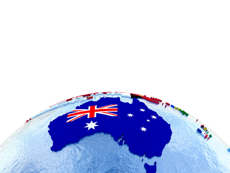 Australia on political globe with national flags embedded in map. 3D illustration. Lot of space left blank for your copy.の写真素材