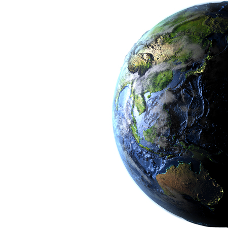 East Asia and Australia on 3D model of Earth. 3D illustration with plastic planet surface and ocean floor. Blank space for your copy on the left side.の写真素材