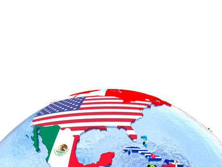 North America on political globe with national flags embedded in map. 3D illustration. Lot of space left blank for your copy.の写真素材