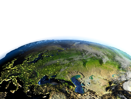 Western and central Asia on 3D model of Earth. 3D illustration with plastic planet surface and ocean floor.の写真素材