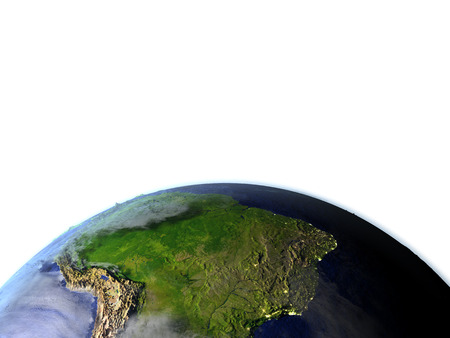 South America on model of Earth. 3D illustration with realistic planet surface and visible city lights. Lot of space left blank for your copy.の写真素材