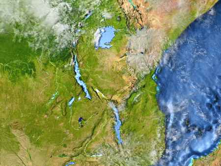 Great lakes of Africa on 3D model of Earth. 3D illustration with plastic planet surface and ocean floor.の写真素材