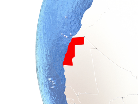 Western Sahara on metallic globe with watery blue oceans. 3D illustrationの写真素材