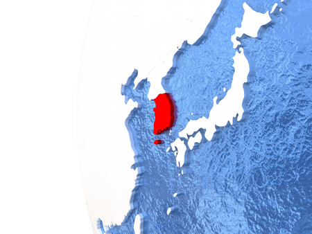 South Korea on metallic globe with watery blue oceans. 3D illustrationの写真素材