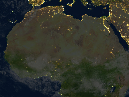 North Africa at night. 3D illustration with detailed planet surface and visible city lights.の写真素材