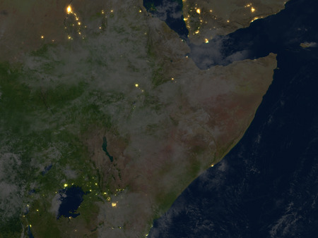 Horn of Africa at night. 3D illustration with detailed planet surface and visible city lights.の写真素材