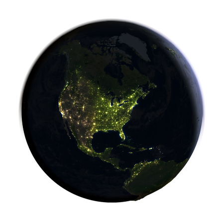 North America on planet Earth at night with visible city lights. 3D illustration with detailed planet surface at night isolated on white background.の写真素材