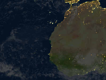 Western Africa at night. 3D illustration with detailed planet surface and visible city lights.の写真素材