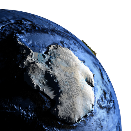 Antractic on model of Earth with exaggerated surface features including ocean floor. 3D illustration.の写真素材