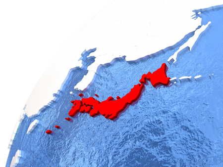 Japan in red color on globe with watery oceans and shiny metallic landmasses. 3D illustrationの写真素材