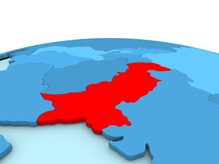 Pakistan in red on simple blue political globe. 3D illustrationの写真素材
