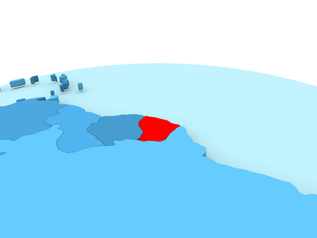 French Guiana in red on simple blue political globe. 3D illustrationの写真素材