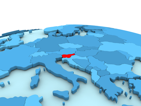 Slovenia in red on simple blue political globe. 3D illustrationの写真素材