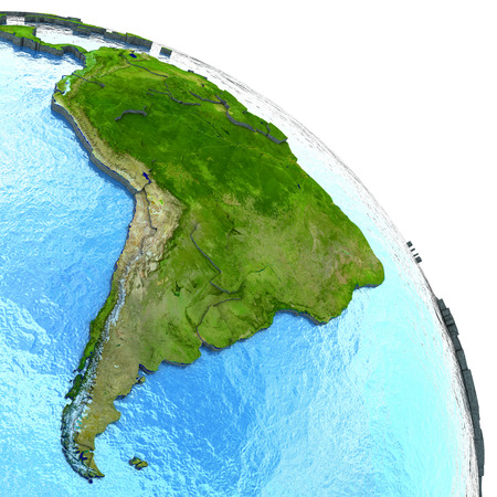 South America on 3D model of planet Earth with watery ocean and visible country borders. 3D illustration.の写真素材