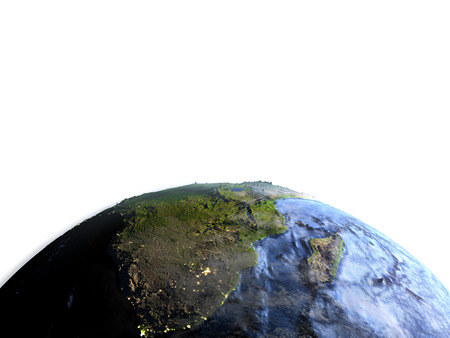 South Africa on 3D model of Earth. 3D illustration with plastic planet surface and ocean floor and visible city lights. Lot of space left blank for your copy.の写真素材