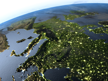 Europe. 3D illustration with detailed planet surface and visible city lights.の写真素材