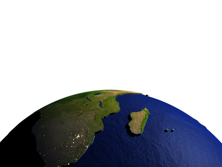 South Africa on model of Earth with dark blue oceans and embossed landmasses. 3D illustration. Lot of space left blank for your copy.の写真素材