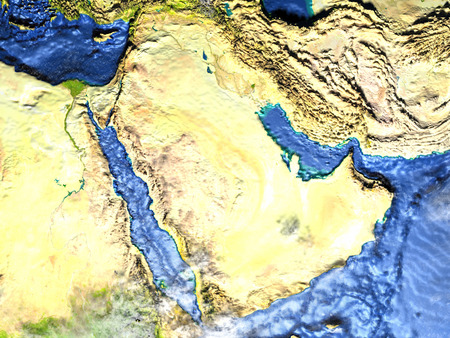 Arab Peninsula on 3D model of Earth. 3D illustration with plastic planet surface and ocean floor.の写真素材