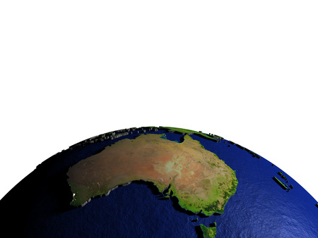 Australia on model of Earth with dark blue oceans and embossed landmasses. 3D illustration. Lot of space left blank for your copy.の写真素材