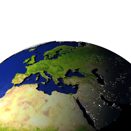 EMEA region on model of Earth with dark blue oceans and embossed landmasses. 3D illustration.の写真素材