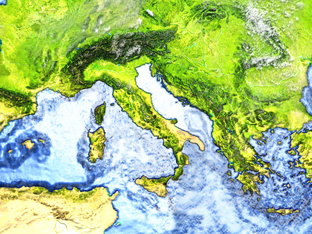 Adriatic sea region on 3D model of Earth. 3D illustration with plastic planet surface and ocean floor.の写真素材