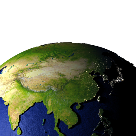 East Asia on model of Earth with dark blue oceans and embossed landmasses. 3D illustration.の写真素材