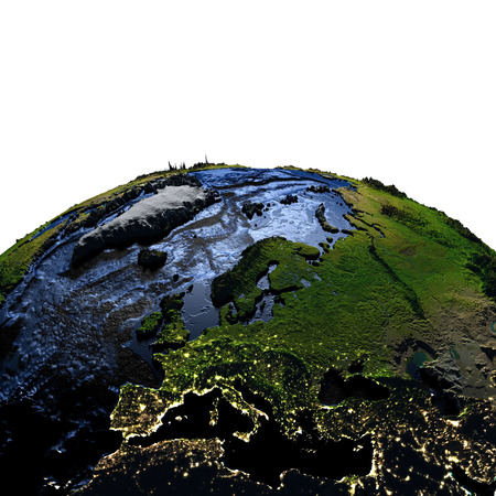 Europe on model of Earth with exaggerated surface features including ocean floor at night. 3D illustration and visible city lights.の写真素材
