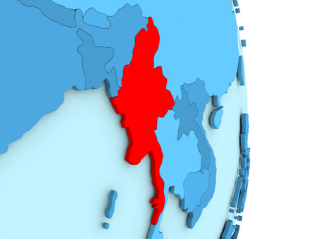 Map of Myanmar on blue globe with visible country borders and countries in different shades of blue. 3D illustrationの写真素材