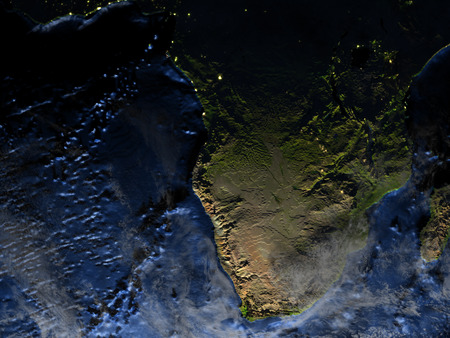 South of Africa on 3D model of Earth. 3D illustration with plastic planet surface and ocean floor at night.の写真素材