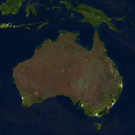 Australia at night. 3D illustration with detailed planet surface and visible city lights. Elements of this image furnished by NASA.の写真素材
