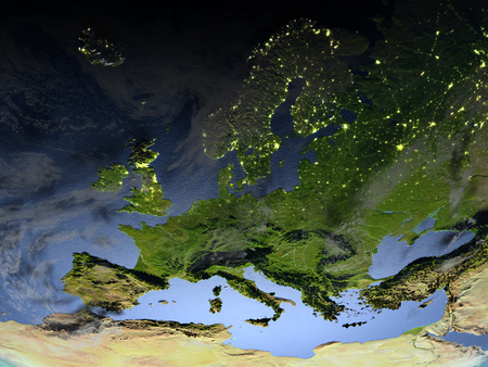 Europe. 3D illustration with detailed planet surface and visible city lights.の写真素材